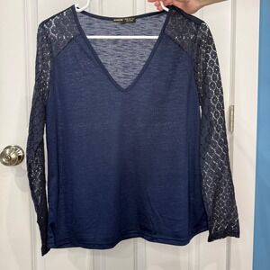SHEIN Navy Blue Lace Long Sleeve V-Neck Top Size XS Raglan Floral Sheer Sleeves